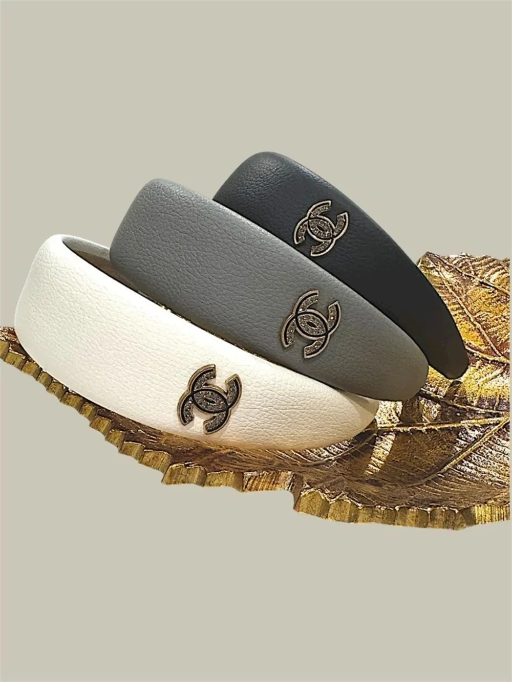 CHANNNEL Black Padded Headband with Gold CC Crystal Logo